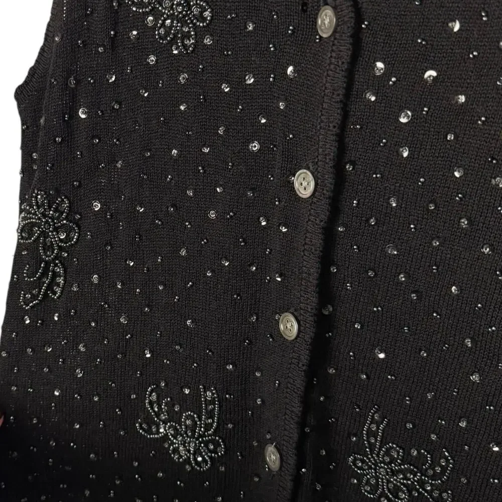 DKNY Vintage Sequin Beaded Embroidered Knit Sweater Vest Large Ugly Xmas Sweater